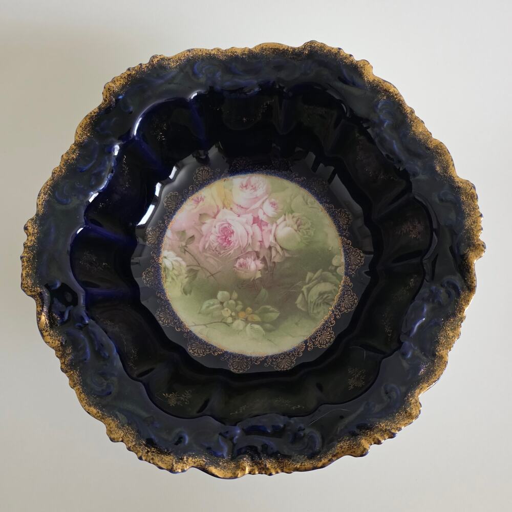 Vintage R.C. Alice Bavaria Cobalt Blue Floral Bowl Gold Gilt
